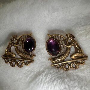 Vintage Gold Egyptian Revival Harpist Earrings with Purple Cabochons